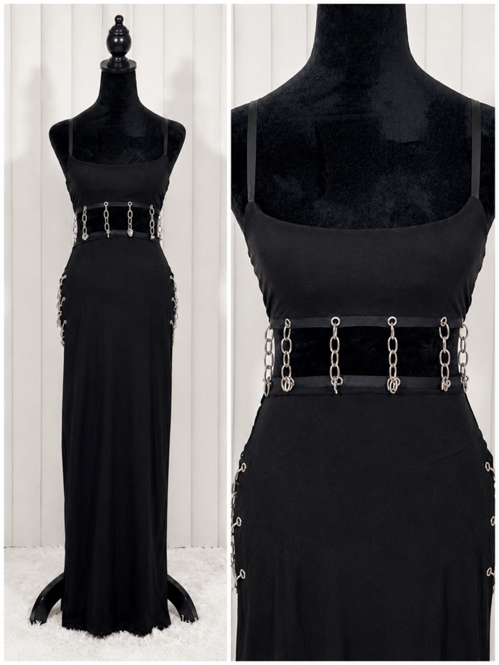 WIDOW Iron Melody Stretch Jersey Midi Dress Chain Detail Side Slits Black XXS